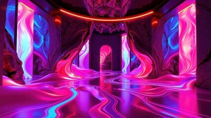 Fototapeta premium Futuristic interior. Swirling neon lights illuminate dark cavernous space. Dramatic lighting creates surreal atmosphere. Abstract shapes dominate design.