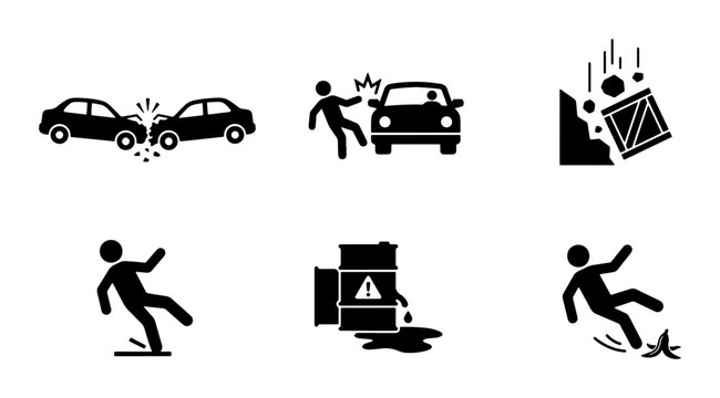 Accident Icons Set: Car Crash, Falling Objects, Slipping Hazard, Chemical Spill