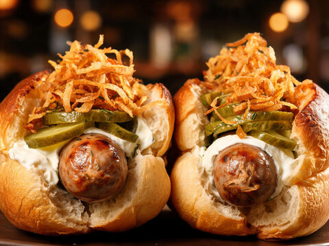 Toasted hot dogs with cream cheese pickles and crispy fried onions