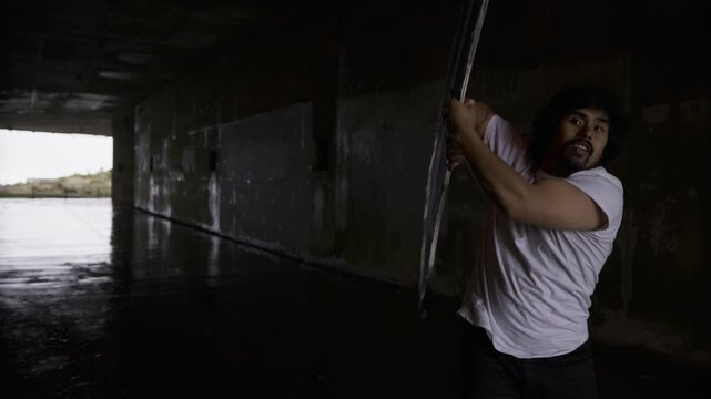 Sign Spinner Doing Awesome, Fast Tricks Inside Concrete Tunnel Of San Francisco