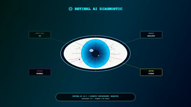 Advanced AI medical diagnostics scanning a human eye with digital overlays and data points highlighting various anatomical features in a futuristic healthcare interface for doctors.