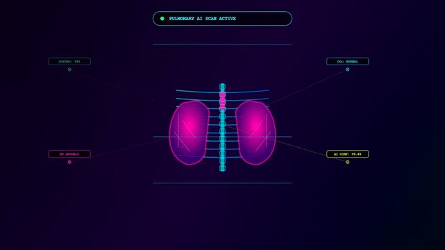 This futuristic motion graphic showing AI medical diagnostics visualizes a glowing human pulmonary system scan with interactive data points for modern clinical health research software.