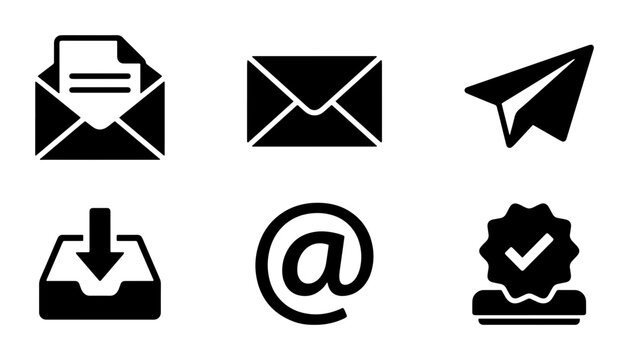 Email Communication Icons: Envelope, Paper Plane, Download, At Symbol, Verified Badge