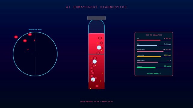 Advanced AI Medical Diagnostics software simulates blood cell analysis in a futuristic interface featuring moving microscopic views and detailed data graphs on a dark background.