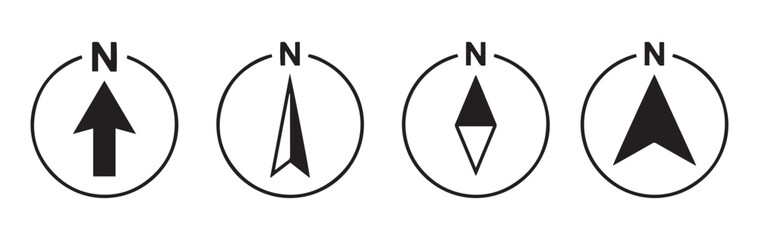 North compass direction icon set cardinal cross symbol, circle framed arrow, diamond needle, solid filled circle triangle arrow black styles N. Navigation and map GPS and geographic orientation Vector © SyedDesigner