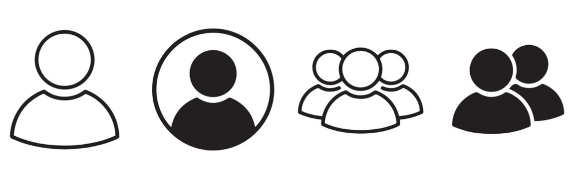 Person avatar icon set featuring single profile, circle framed account and group team symbols in outline and solid filled black styles. Social media account user profile community and partnership 