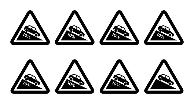 Steep Hill Warning Signs, 10 Percent Grade Road Safety Icons, Vector Traffic Alert Symbols