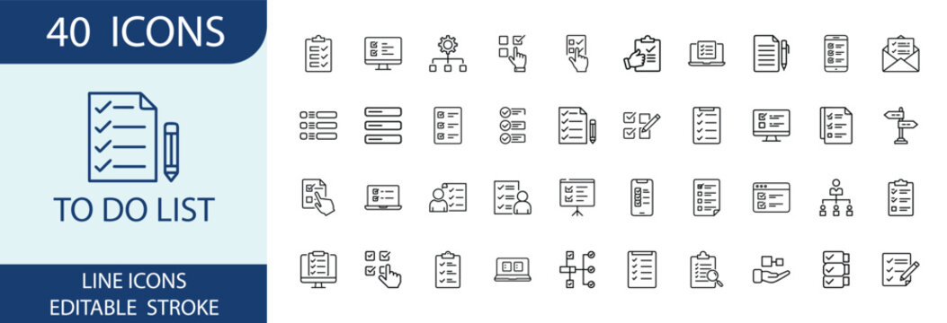 To Do List Web Icons in Line Style. Checklist, Task Organizer, Scheduling, Productivity, Reminder, Objectives, Workflow, Organization Collection. Editable Stroke. Vector.