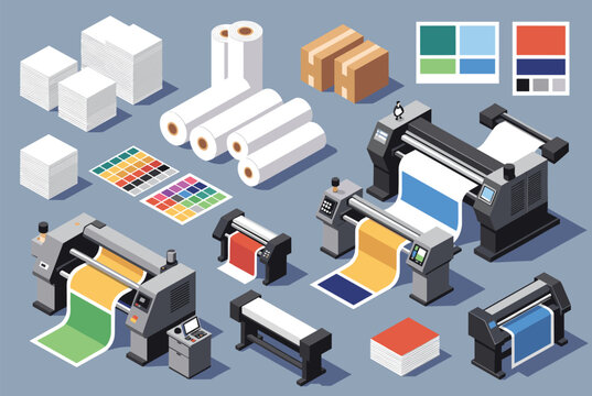 Professional print shop equipment isometric view with large format digital printers paper rolls and color swatch charts.