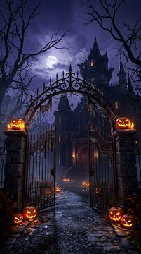 Mysterious Haunted Mansion on a Spooky Halloween Night, bathed in Eerie Moonlight with Glowing Jack-o'-Lanterns and an Ornate Iron Gate &ndash; an Atmospheric Gothic Horror Scene