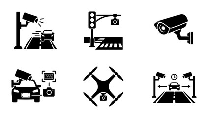 Fototapeta premium Surveillance Camera Icons, Traffic Monitoring, Security Systems, Drone Technology, Vector Set