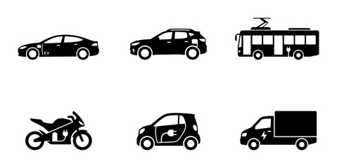 Naklejka premium Electric Vehicle Icons: Car, SUV, Bus, Motorcycle, Compact EV, Truck Set