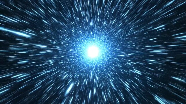hyperspeed warp travel through a bright light tunnel in dark outer space creating a dynamic futuristic visual effect