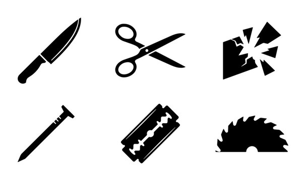 Sharp Objects Icons: Knife, Scissors, Broken Glass, Nail, Razor Blade, Saw Blade