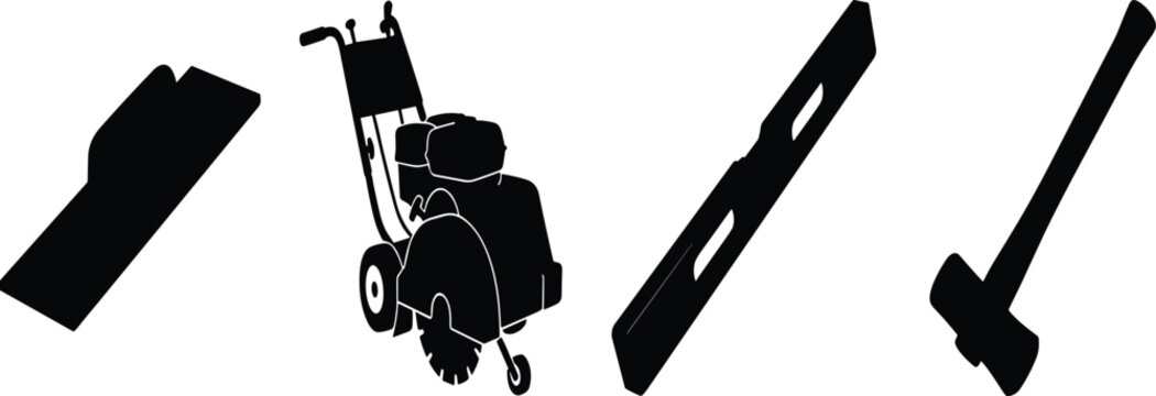 Construction and masonry tools silhouette set including concrete saw walk behind cutter trowel level and sledgehammer