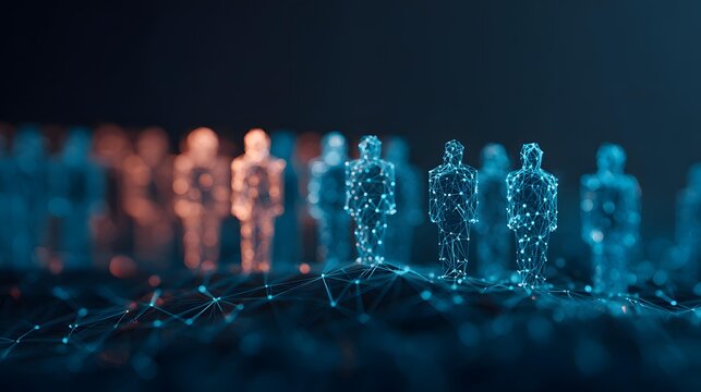 of teamwork with interconnected human silhouettes made of light lines and nodes
