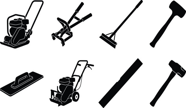 Construction and paving tools silhouette collection including plate compactor, tamping rammer, mallet, concrete float, and screed board