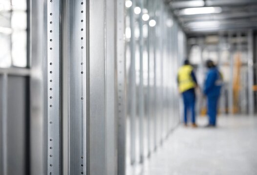 Commercial interior under construction featuring steel stud framing, unfinished room, blurred workers installing metal framework, modern renovation, architecture, office development, and workspace.