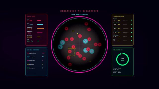 Innovative AI Medical Diagnostics software analyzes digitized blood samples on a high tech laboratory screen as a microscopic view shifts to identify different cellular structures rapidly