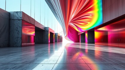 Fototapeta premium Abstract tunnel, vibrant colors radiate from center. Stone pillars frame glossy floor, creating futuristic space. Dramatic lighting enhances depth.