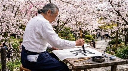 Fototapeta premium Japanese Calligraphy Practice Beneath Sakura Trees