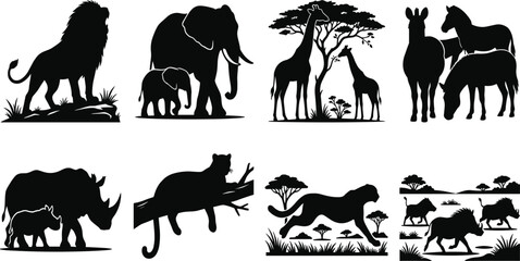 Silhouettes of African animals including lion, elephant, giraffe, zebra, rhino, leopard, cheetah, and wildebeest in safari illustration design © AshaRani