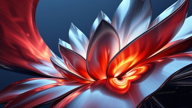 Striking floral image. Metallic petals radiate from vibrant red center. Dramatic lighting creates intense visual impact. Smooth textures, abstract design.
