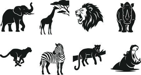 Silhouettes of African savanna animals including elephant, giraffe, lion, rhino, cheetah, zebra, leopard, and hippopotamus illustration design © AshaRani