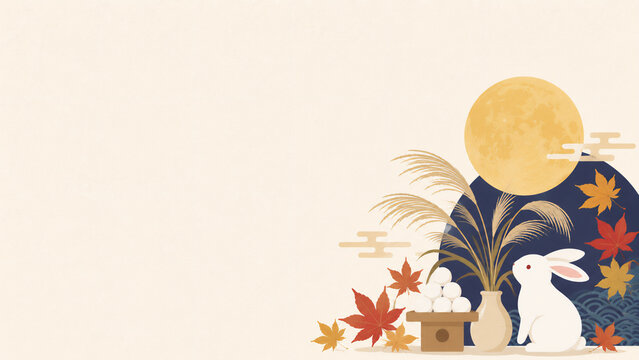 Japanese moon viewing tsukimi motif with pampas grass and rabbit, japanese autumn moon festival flat design illustration banner with copy space