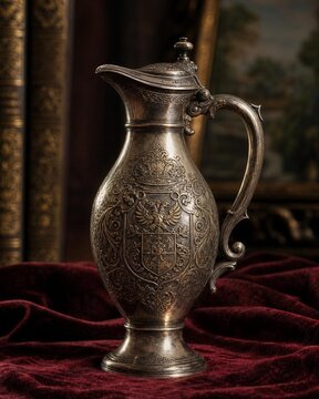 An ornate metal flagon with an engraved crest on velvet cloth, symbolizing heritage.