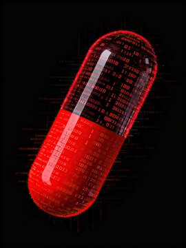 Digital medical capsule holographic tech illustration, binary code particle glow pill, biomedical digital intelligent pharmacy concept visual