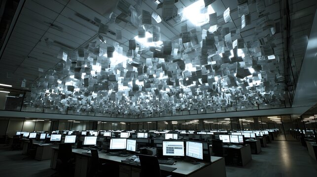 with zero gravity environment where documents and charts float around workers