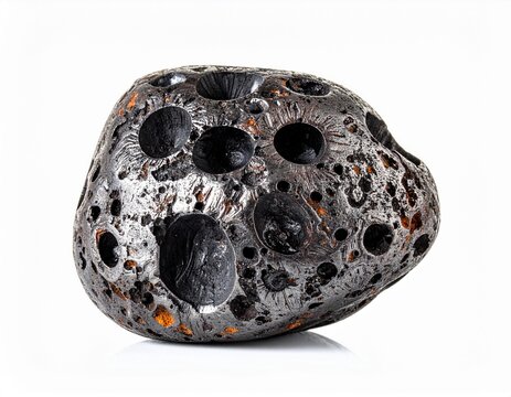 Dark heavy iron meteorite space rock with pitted surface isolated on white background.