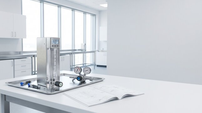 Medical Oxygen Flow Meter and Gas Regulator on Clinical Workstation With Copy Space