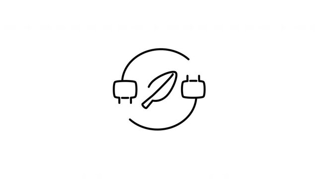 Minimalist outline animation of renewable green energy plug circle loop leaf icon drawing on and fading out. Features a clean pop up style in 3 color setups.