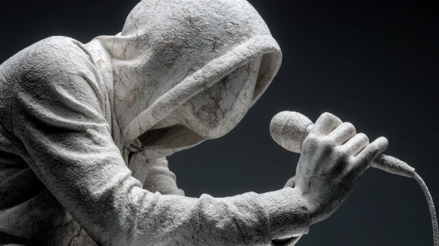 Stone statue of a faceless hooded singer holding a microphone, symbolizing silent protest or music