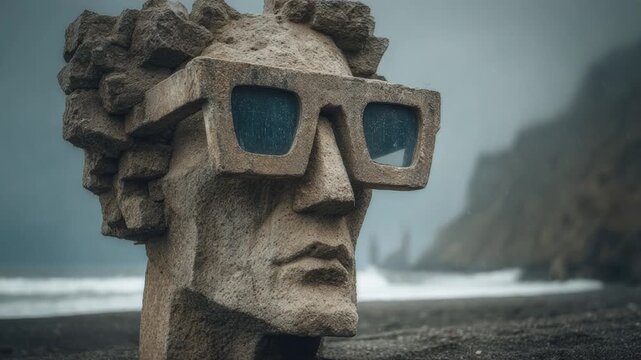 Modern stone sculpture of a human head with glasses standing on a foggy volcanic beach during rainfall