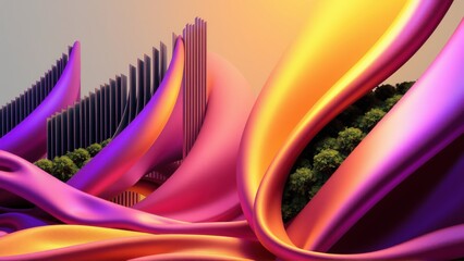 Fototapeta premium Futuristic architecture blends with nature. Vibrant colors create surreal, flowing forms. Dramatic lighting emphasizes curves, shadows.