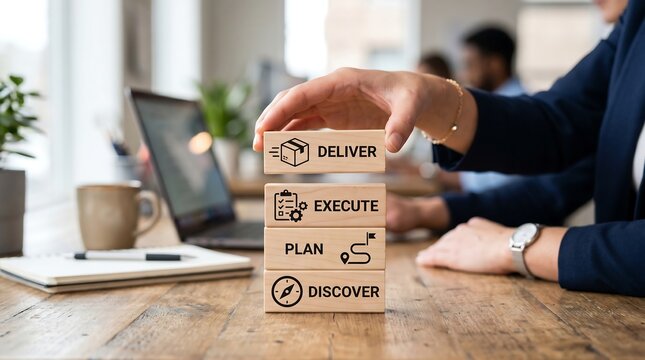 Business professional stacking wooden blocks representing a project management workflow from discovery and planning to execution and delivery