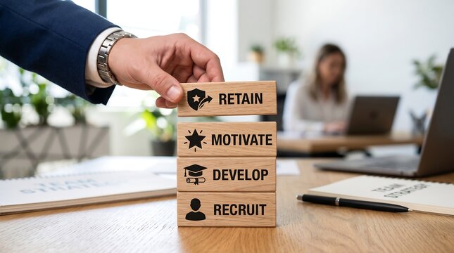 Businessman carefully stacking wooden blocks with words recruit develop motivate and retain representing employee lifecycle stages