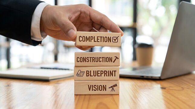 Businessman stacks wooden blocks representing the stages of a project from vision to completion with laptop and notebook nearby