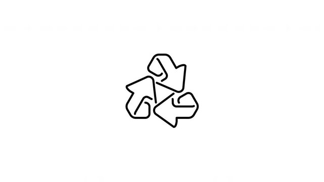 Minimalist outline animation of global recycling symbol triangle rotation loop arrows icon drawing on and fading out. Features a clean pop up style in 3 color setups.