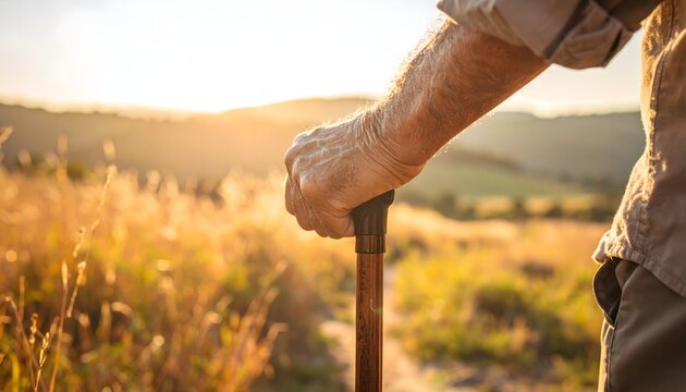 Persona mayor apoyando la mano en un bast&oacute;n durante un paseo por el campo al atardecer