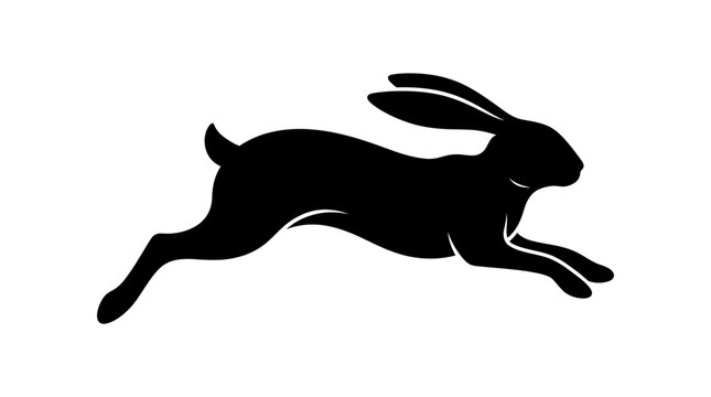 Black rabbit silhouette, running bunny icon, fast hare graphic, animal symbol isolated on White Background