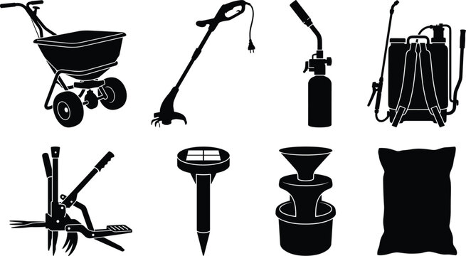 Gardening and lawn care equipment silhouette set featuring spreader string trimmer backpack sprayer and yard tools