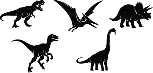 Silhouettes of dinosaurs including T‑rex, Pteranodon, Triceratops, Velociraptor, and Brachiosaurus, showcasing prehistoric diversity in minimalist illustration design © AshaRani