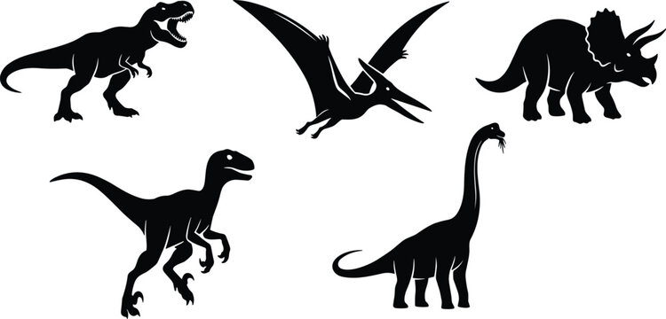 Silhouettes of dinosaurs including T‑rex, Pteranodon, Triceratops, Velociraptor, and Brachiosaurus, showcasing prehistoric diversity in minimalist illustration design