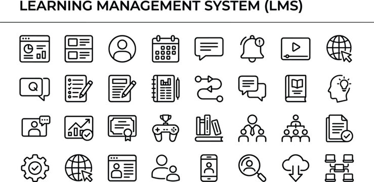 Learning management system icons collection for online education courses training dashboard and academic platform interface design