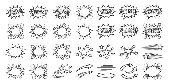Set of hand drawn comic book speech bubbles and explosion shapes with funny text and action motion lines