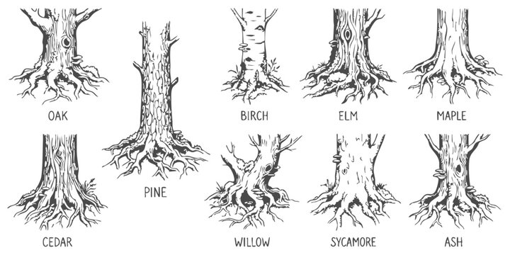 Set of ten different hand drawn tree trunks with roots and bark textures for forest nature design projects